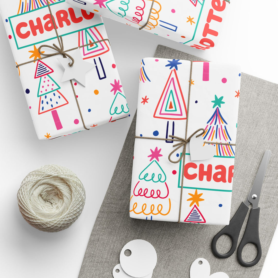 Personalized Christmas Wrapping Paper - Colorful Christmas Tree Pattern Wrapping Papers with Name