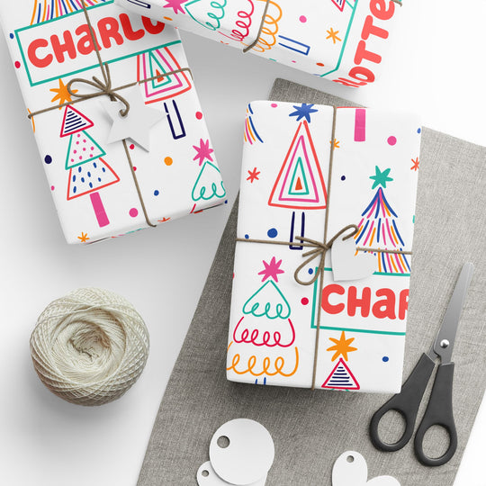 Personalized Christmas Wrapping Paper - Colorful Christmas Tree Pattern Wrapping Papers with Name
