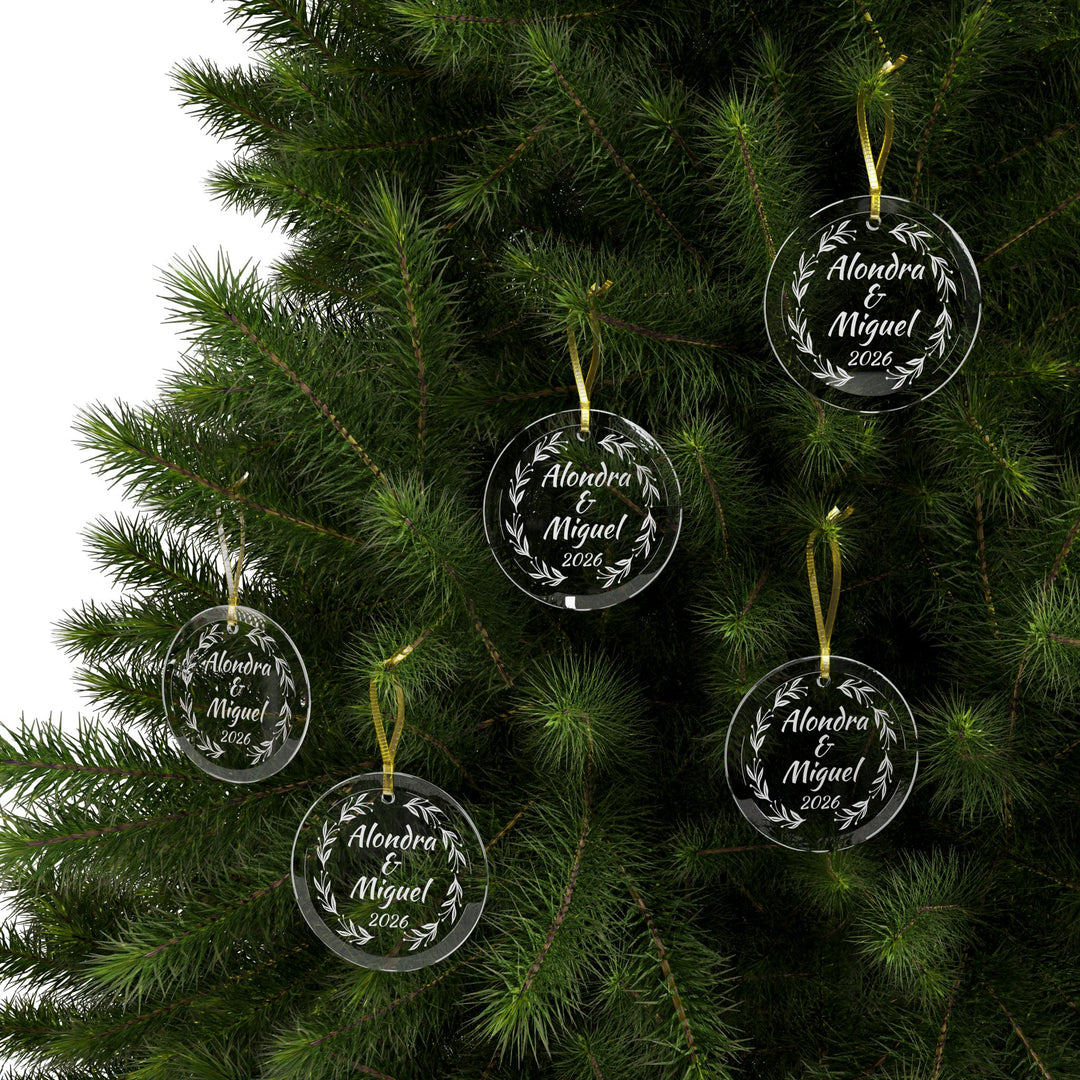 Personalized Christmas 2026 Glass Ornaments | Bride and Groom Names | Wedding Favors with Gold Ribbon