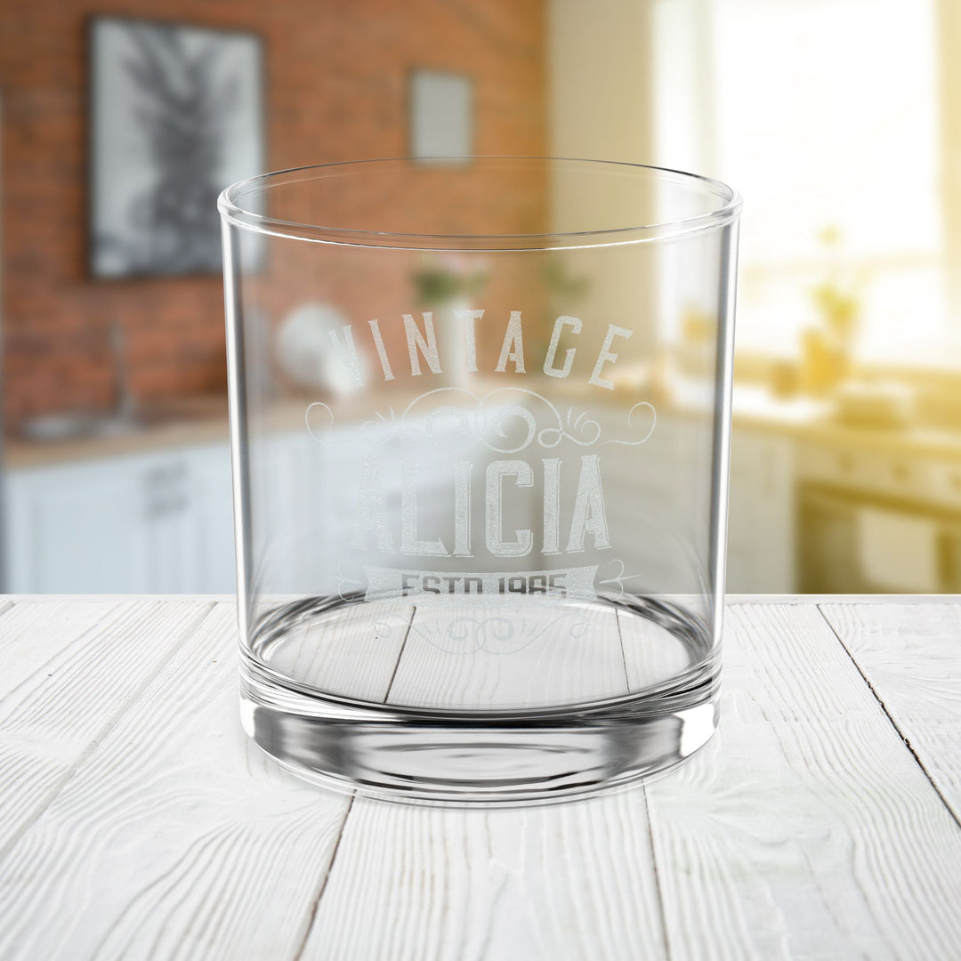Engraved Vintage Rocks Glass Personalized with Name and Birth Year - Birthday Gift for Whiskey Lovers