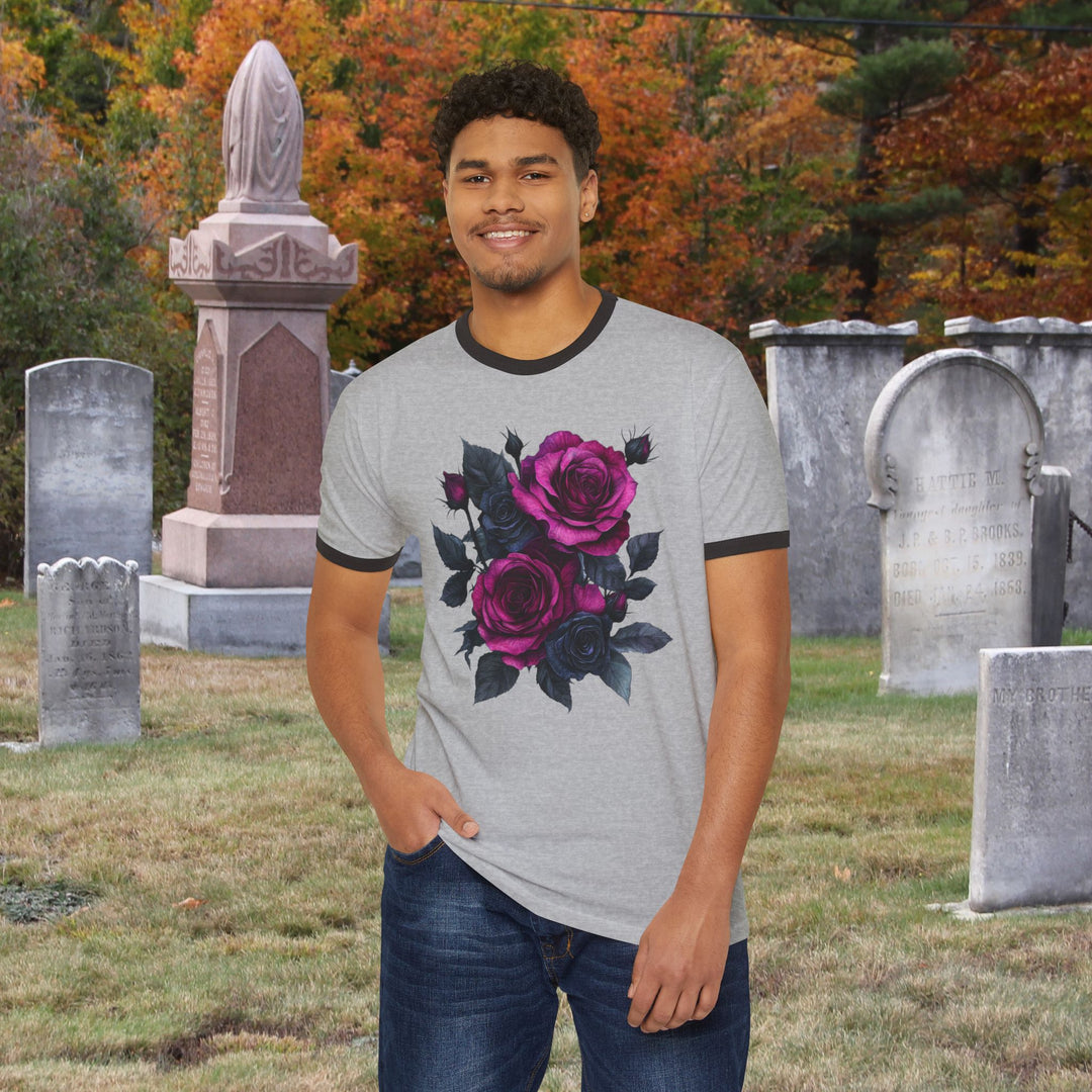 Pink &amp; Black Rose Floral Bouquet Ringer Tee | Vintage Romantic Graphic T-Shirt
