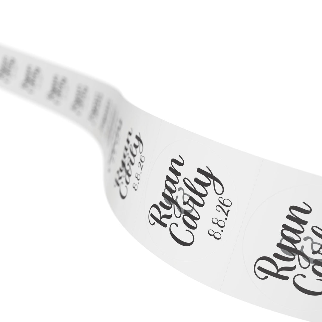 Script Names with Date Round Wedding Name Labels | Roll of 50, 100, 250 Stickers