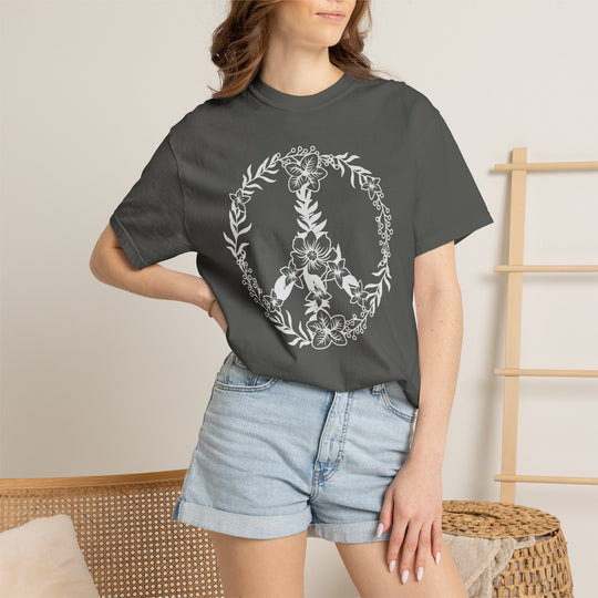 Peace Sign BOHO Floral Heart T-Shirt | Fall Flowers &amp; Hearts Comfort Colors® Tee for Women