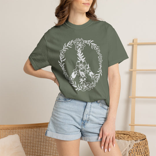 Peace Sign BOHO Floral Heart T-Shirt | Fall Flowers &amp; Hearts Comfort Colors® Tee for Women