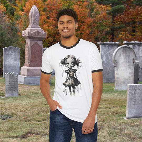 Creepy Watercolor Doll Fall Ringer Tee | Halloween Horror Graphic T-Shirt