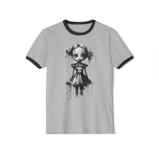 Creepy Watercolor Doll Fall Ringer Tee | Halloween Horror Graphic T-Shirt