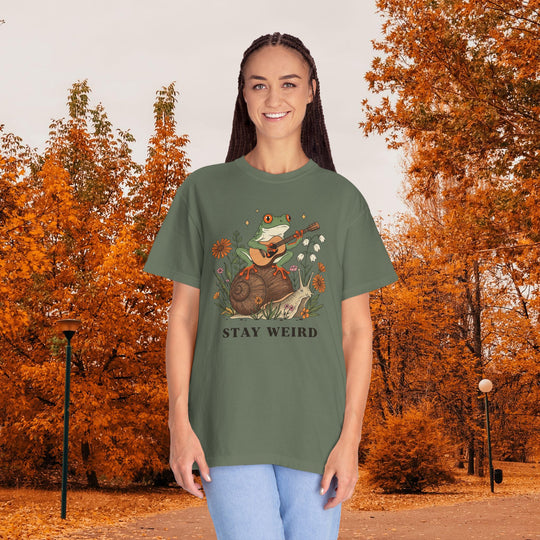 Stay Weird Witchy Halloween Gothic Frog T-Shirt | Frog Playing Guitar Sunflower Tee Comfort Colors® Tee for Women