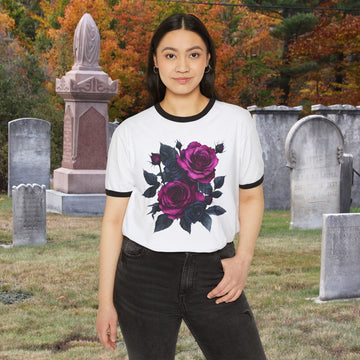 Pink & Black Rose Floral Bouquet Ringer Tee | Vintage Romantic Graphic T-Shirt
