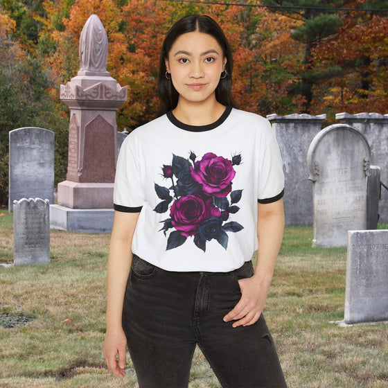 Pink & Black Rose Floral Bouquet Ringer Tee | Vintage Romantic Graphic T-Shirt