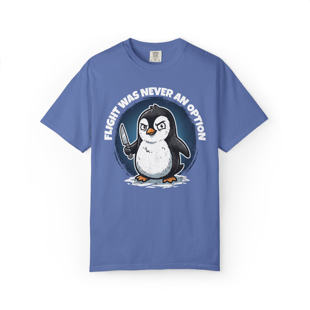 Flight Was Never An Option | Funny Penguin T-Shirt with Penguin Holding a Knife | Ironic Fight or Flight Response