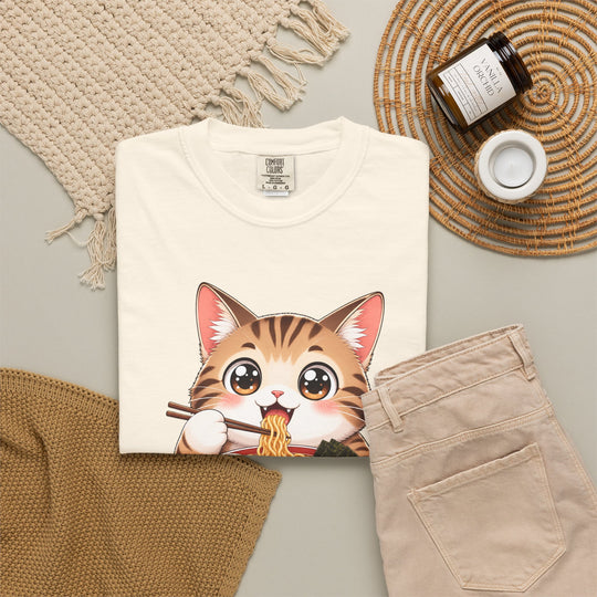 Cat Ramen Anime T-Shirt | Kawaii Cat Eating Ramen Noodles | Unisex Graphic Tee