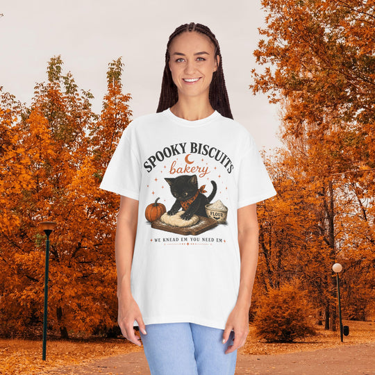 Funny Fall Spooky Biscuits T-Shirt | Cat Lovers Trendy Fall Shirt with "We Knead Them, You Need" Them Slogan
