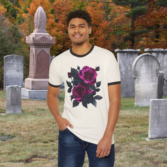 Pink &amp; Black Rose Floral Bouquet Ringer Tee | Vintage Romantic Graphic T-Shirt