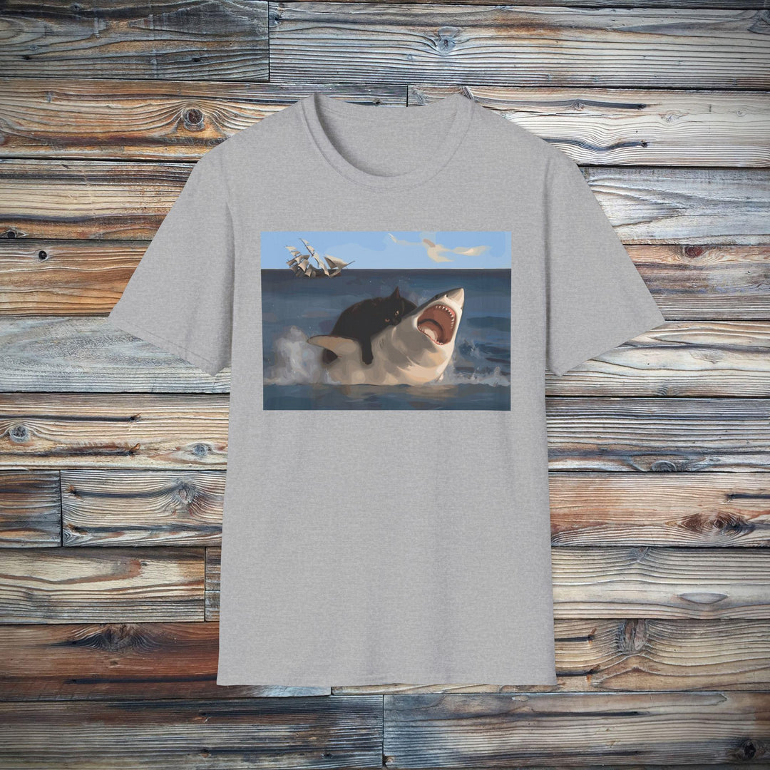 Cat vs. Shark T-Shirt - David & Goliath-Inspired Battle Graphic Tee for Animal Lovers