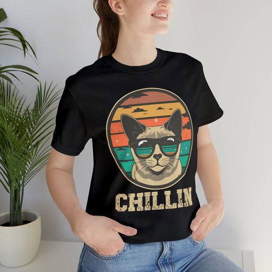 Vintage Retro T-Shirt - Sunset Design with Cat in Sunglasses Chillin'