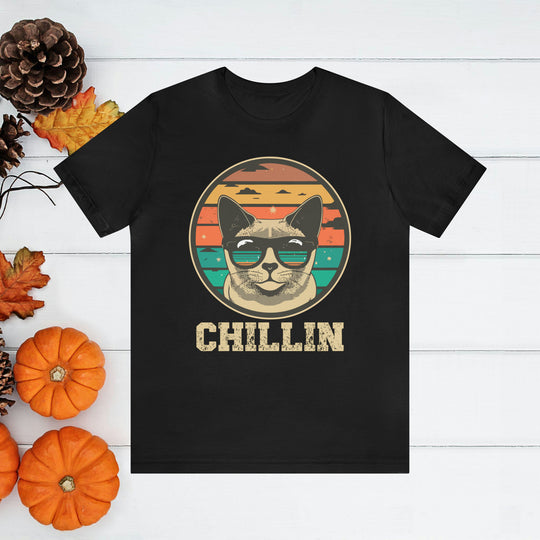 Vintage Retro T-Shirt - Sunset Design with Cat in Sunglasses Chillin'