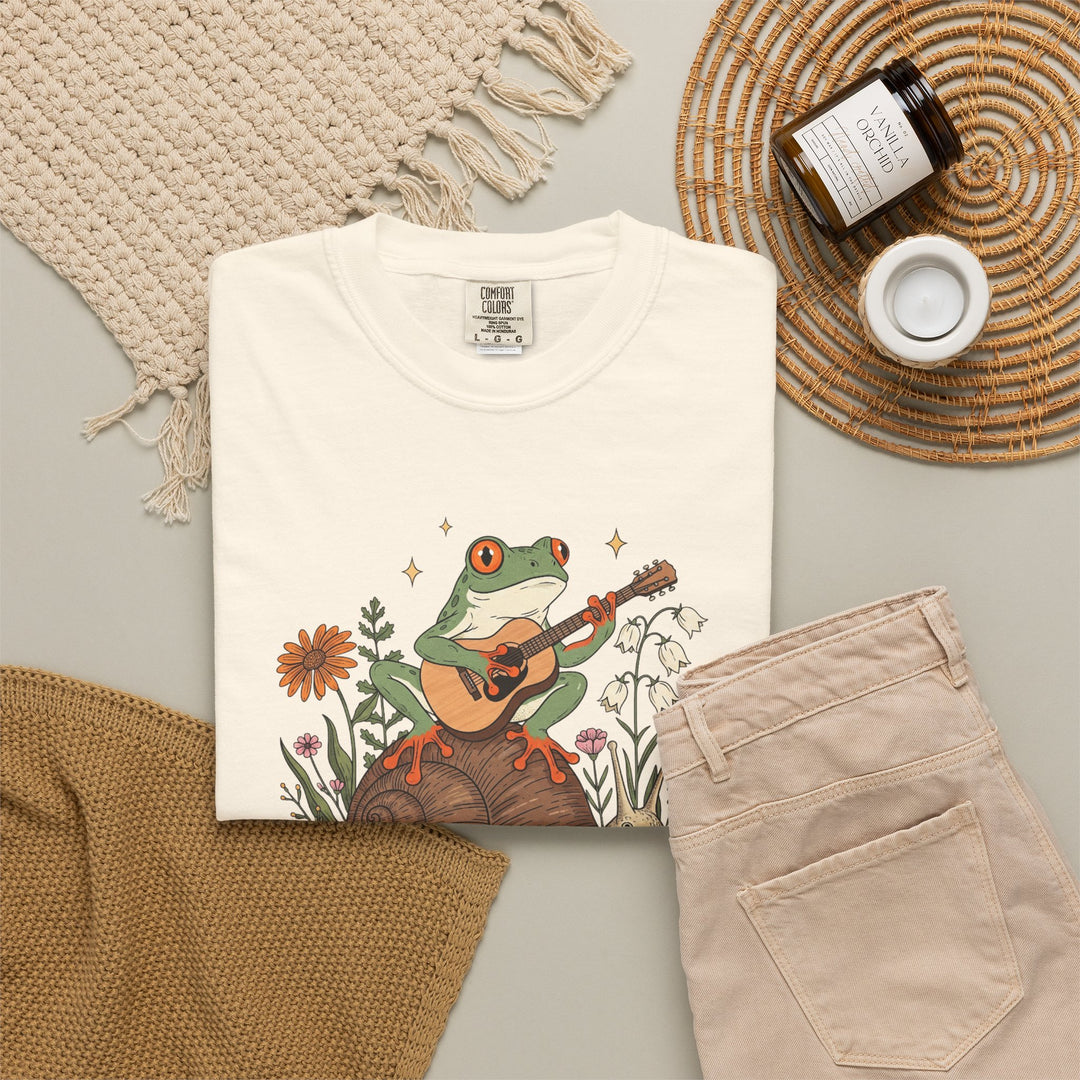 Stay Weird Witchy Halloween Gothic Frog T-Shirt | Frog Playing Guitar Sunflower Tee Comfort Colors® Tee for Women