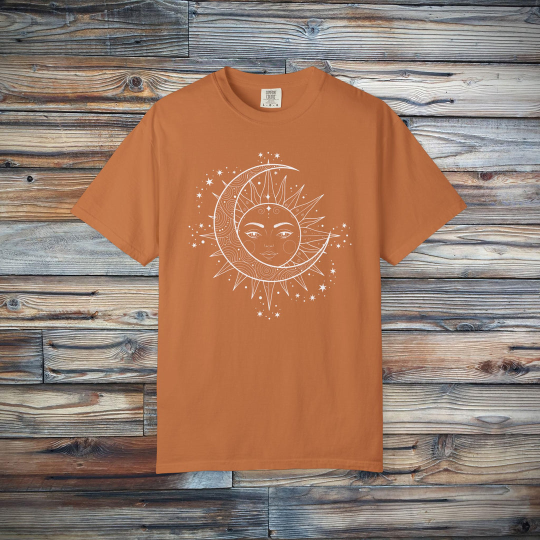 Celestial Boho Moon &amp; Sun Line T-Shirt | Mystical Spiritual Graphic Tee