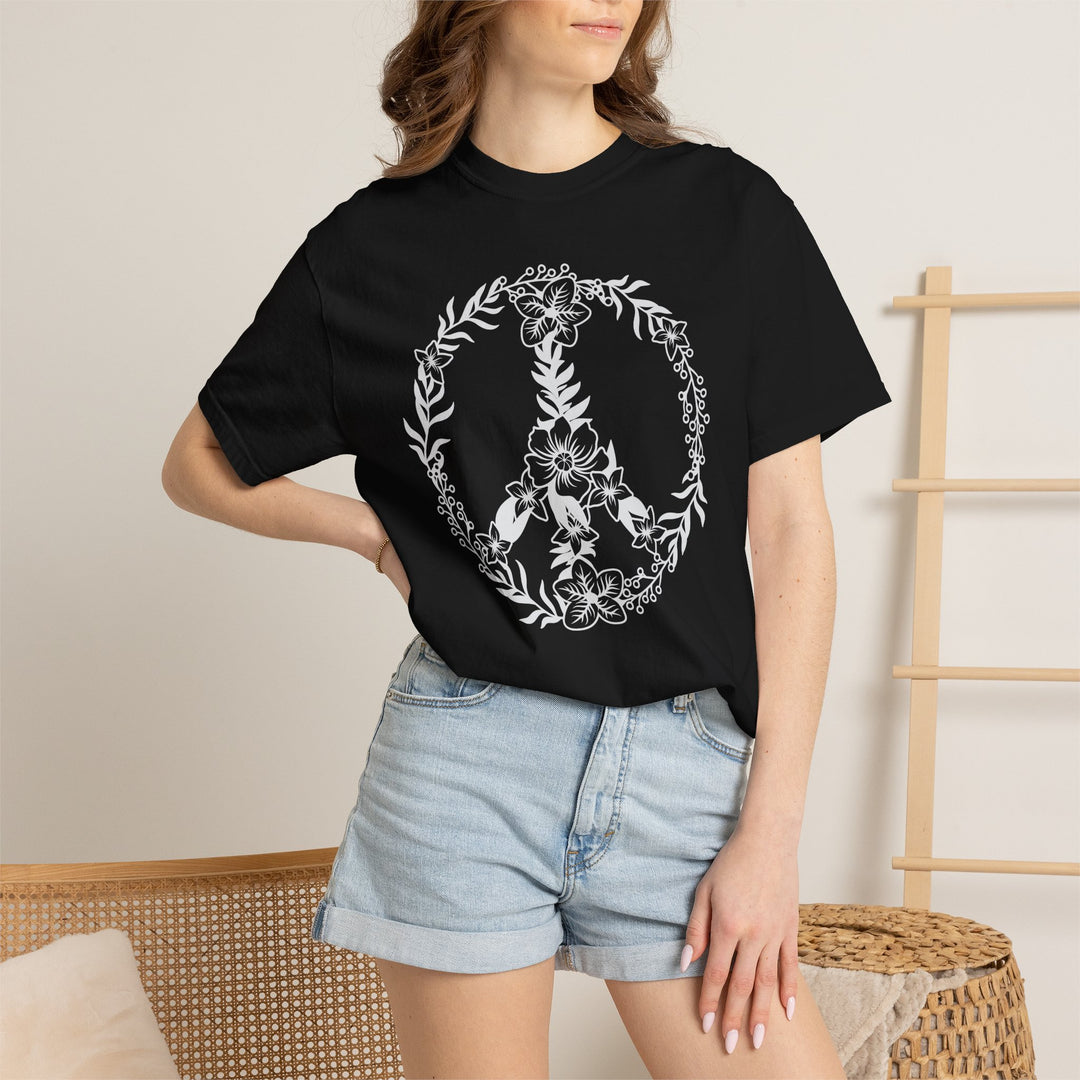 Peace Sign BOHO Floral Heart T-Shirt | Fall Flowers &amp; Hearts Comfort Colors® Tee for Women