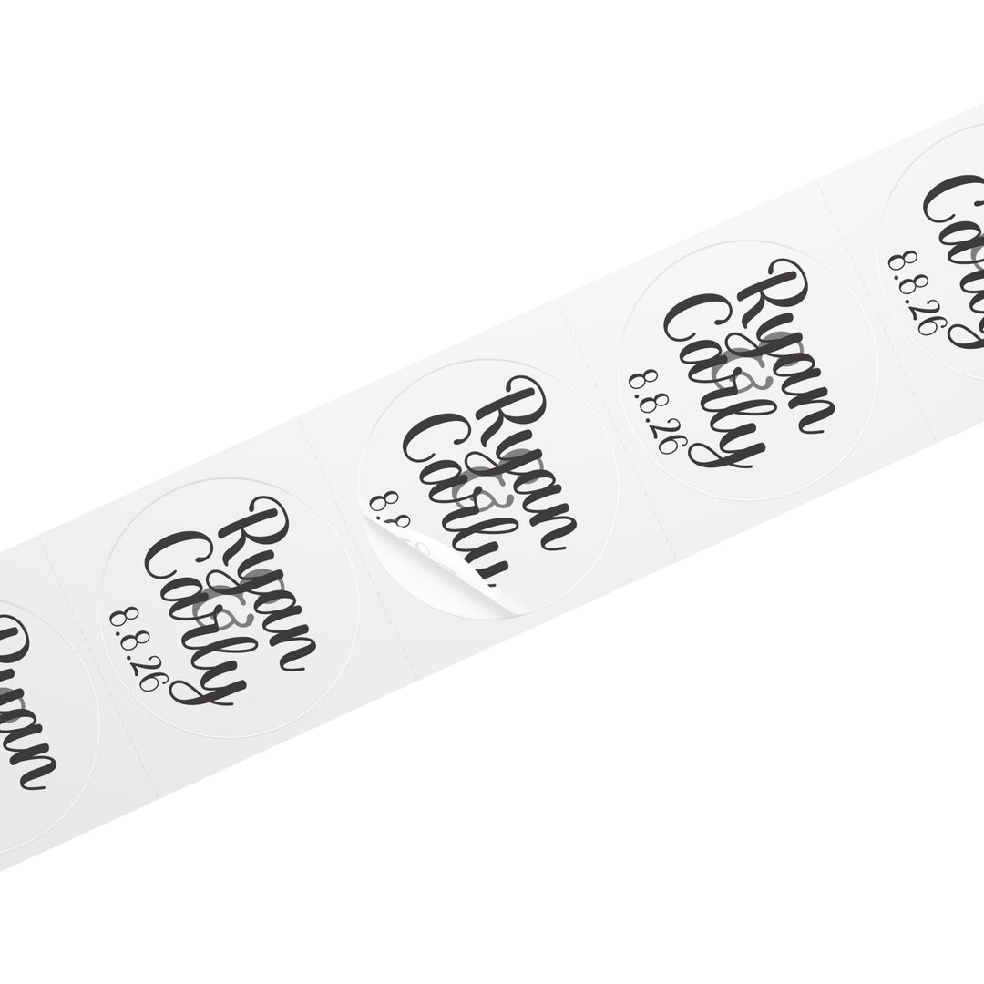 Script Names with Date Round Wedding Name Labels | Roll of 50, 100, 250 Stickers