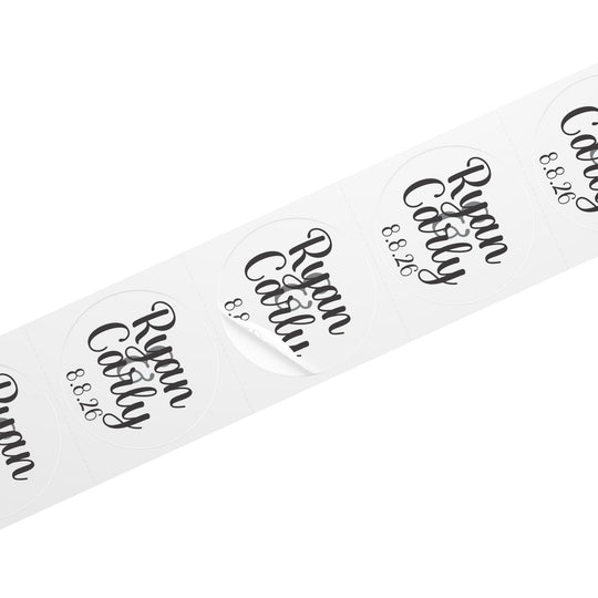 Script Names with Date Round Wedding Name Labels | Roll of 50, 100, 250 Stickers