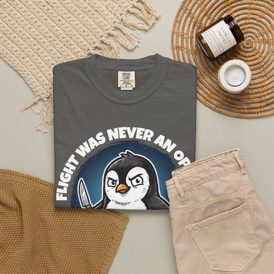 Flight Was Never An Option | Funny Penguin T-Shirt with Penguin Holding a Knife | Ironic Fight or Flight Response