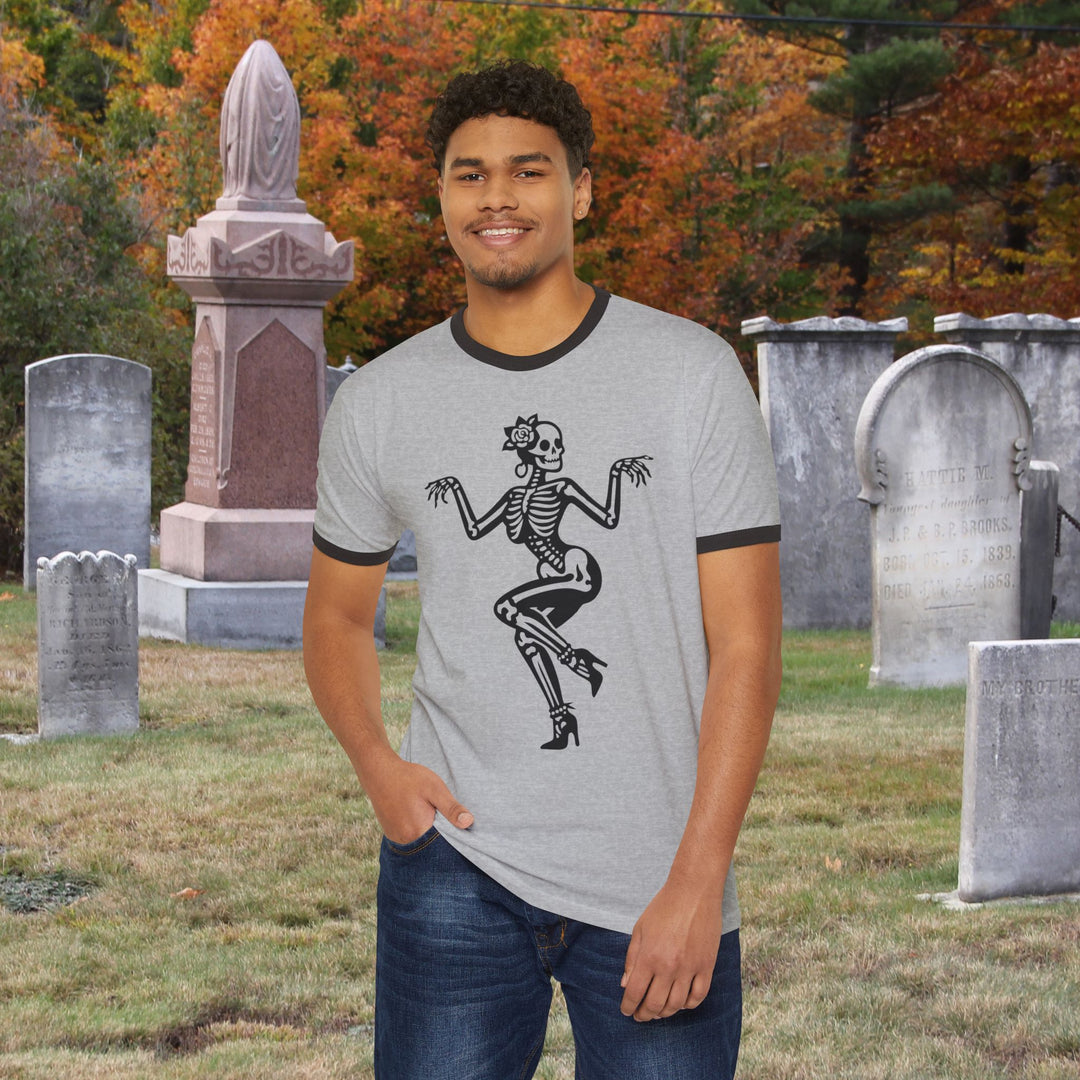 Dancing Pin-Up Skeleton Ringer Tee | Retro Halloween Skull Shirt