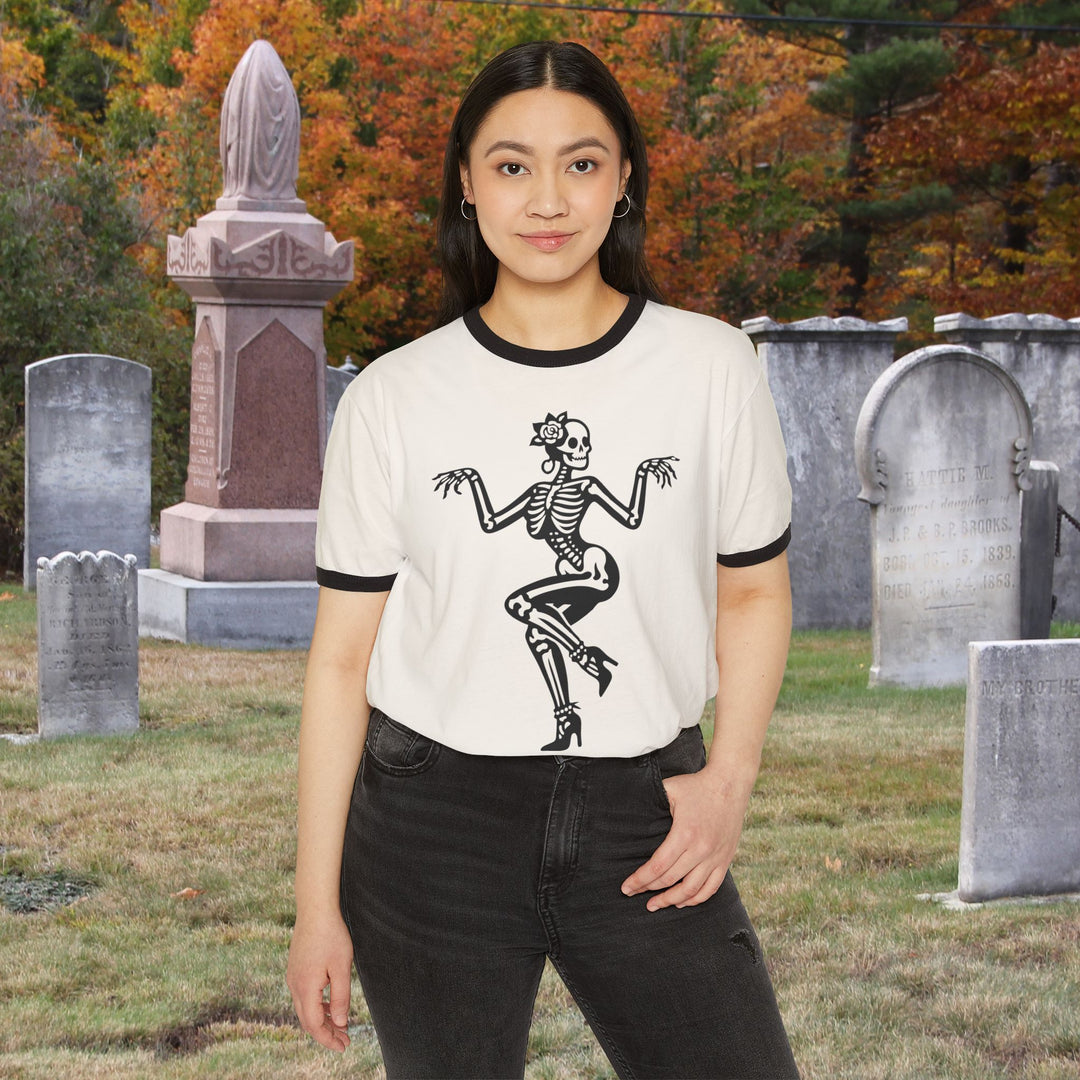 Dancing Pin-Up Skeleton Ringer Tee | Retro Halloween Skull Shirt