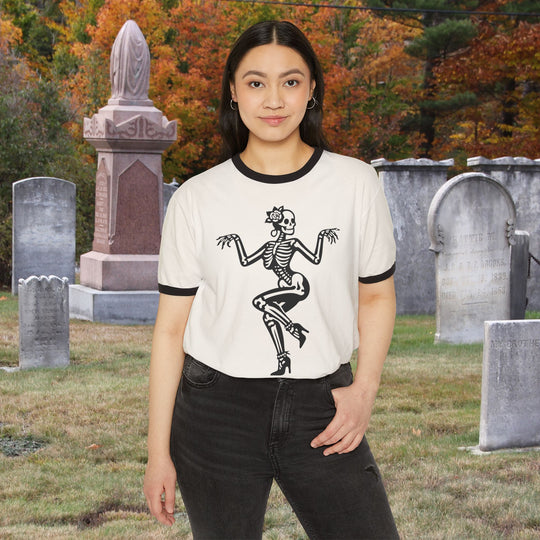 Dancing Pin-Up Skeleton Ringer Tee | Retro Halloween Skull Shirt
