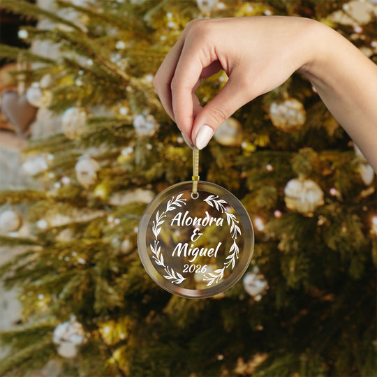 Personalized Christmas 2026 Glass Ornaments | Bride and Groom Names | Wedding Favors with Gold Ribbon