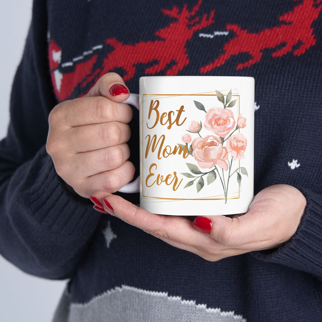 Personalized Best Mom Ever Coffee Mug with Watercolor Floral Bouquet | Custom Gift for Mom Ceramic Mug