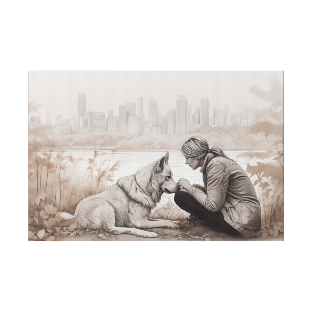 Pencil Sketch of a Woman and Her Dog