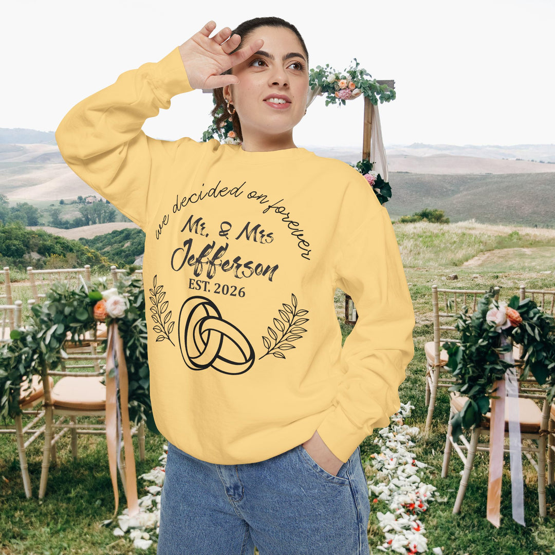 Personalized Mr. &amp; Mrs. Wedding Sweatshirt | Custom Last Name and Est. Date | Comfort Colors 1566 Pullover Sweatshirt