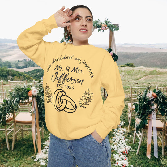Personalized Mr. &amp; Mrs. Wedding Sweatshirt | Custom Last Name and Est. Date | Comfort Colors 1566 Pullover Sweatshirt