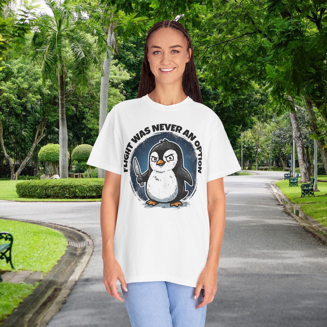 Flight Was Never An Option | Funny Penguin T-Shirt with Penguin Holding a Knife | Ironic Fight or Flight Response