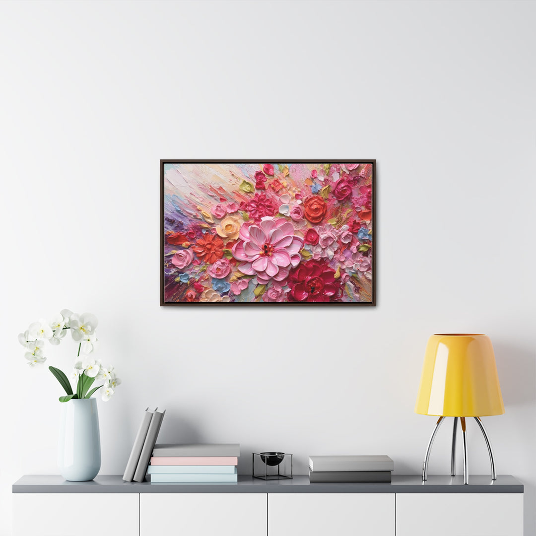 Pintura al óleo abstracta floral grande en 3D enmarcada