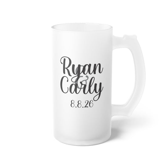 Custom Wedding Favor Beer Mug | Personalized 16oz Frosted Glass Beer Mug with Bride and Groom Names and Wedding Date