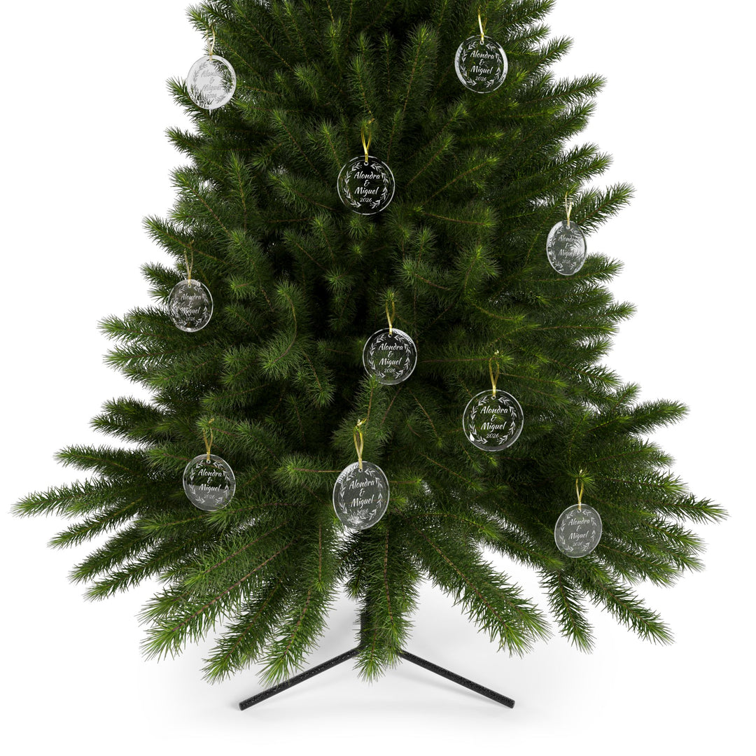 Personalized Christmas 2026 Glass Ornaments | Bride and Groom Names | Wedding Favors with Gold Ribbon