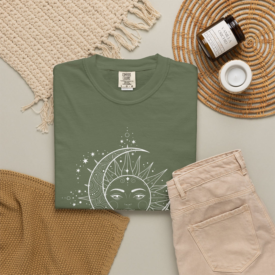 Celestial Boho Moon &amp; Sun Line T-Shirt | Mystical Spiritual Graphic Tee