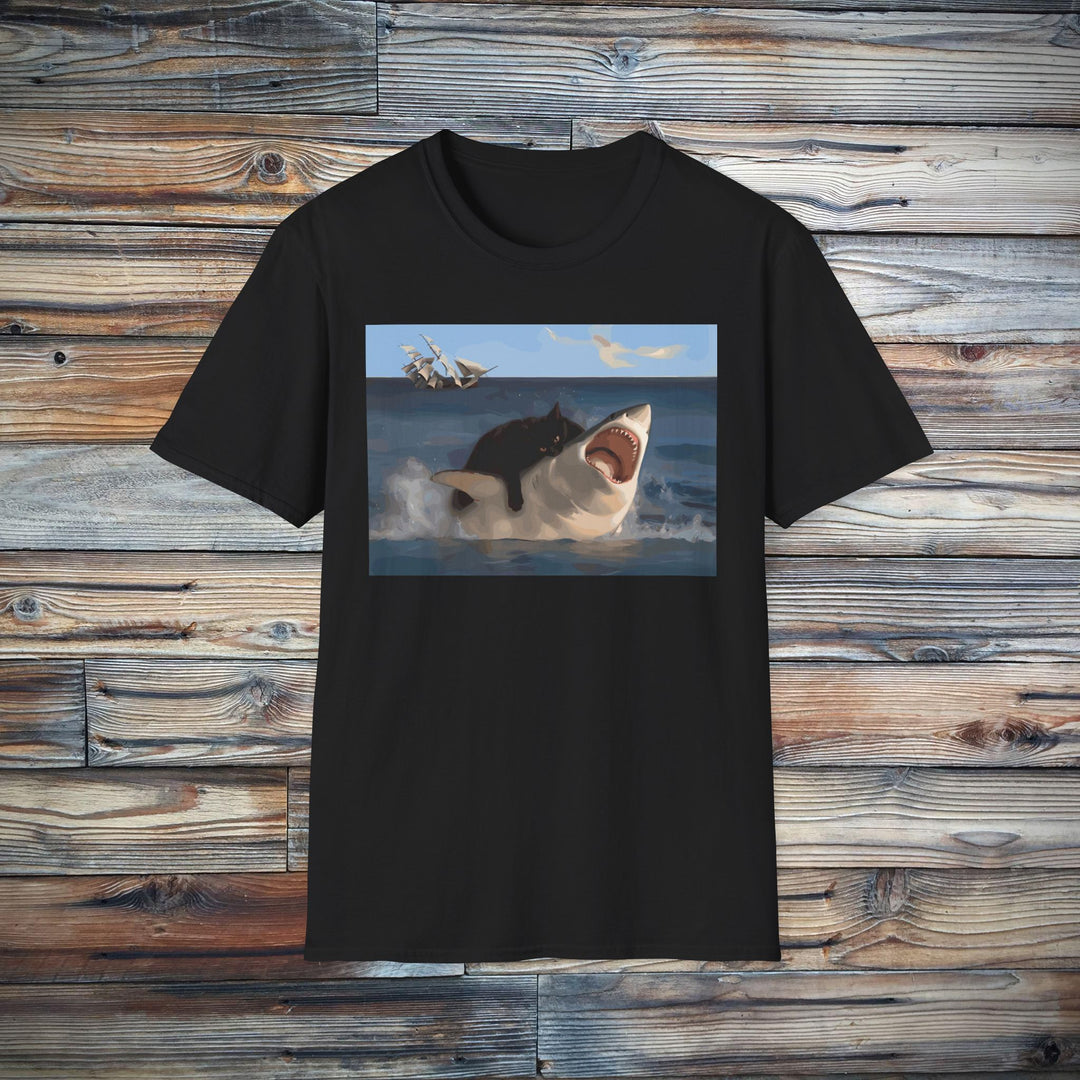 Cat vs. Shark T-Shirt - David & Goliath-Inspired Battle Graphic Tee for Animal Lovers