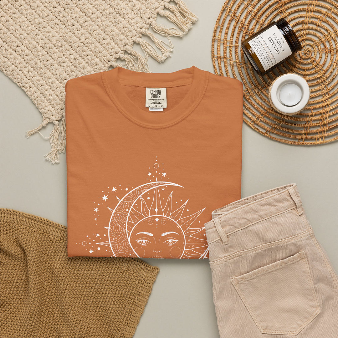 Celestial Boho Moon &amp; Sun Line T-Shirt | Mystical Spiritual Graphic Tee