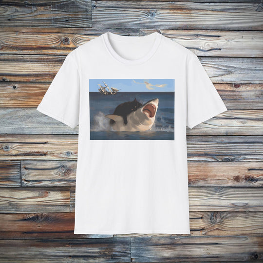 Cat vs. Shark T-Shirt - David & Goliath-Inspired Battle Graphic Tee for Animal Lovers