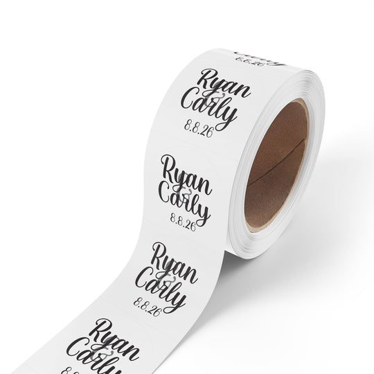 Script Names with Date Round Wedding Name Labels | Roll of 50, 100, 250 Stickers