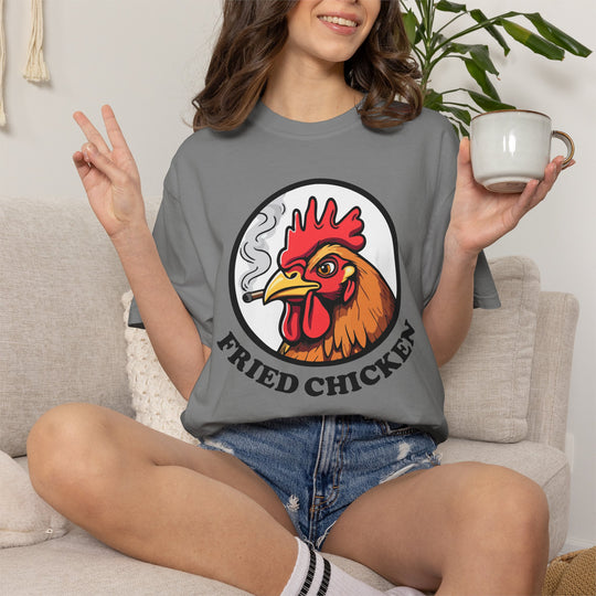 Fried Chicken T-Shirt | Funny Retro Logo Tee with a Rooster Smoking