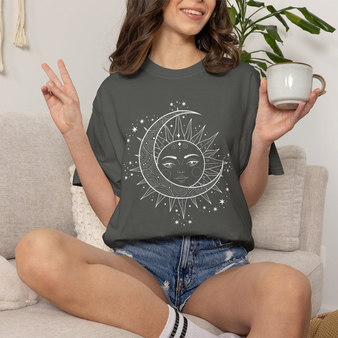 Celestial Boho Moon &amp; Sun Line T-Shirt | Mystical Spiritual Graphic Tee