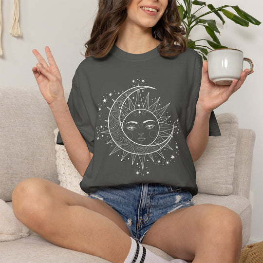 Celestial Boho Moon &amp; Sun Line T-Shirt | Mystical Spiritual Graphic Tee