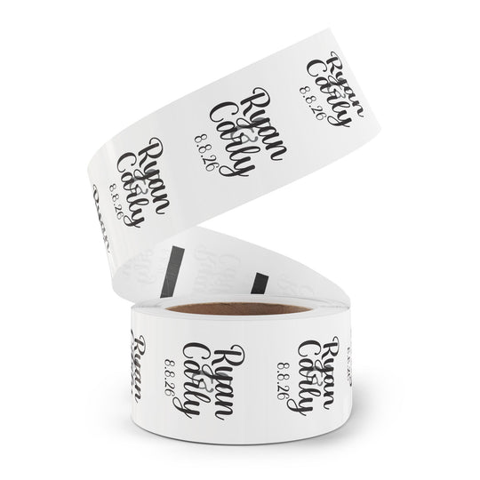 Script Names with Date Round Wedding Name Labels | Roll of 50, 100, 250 Stickers