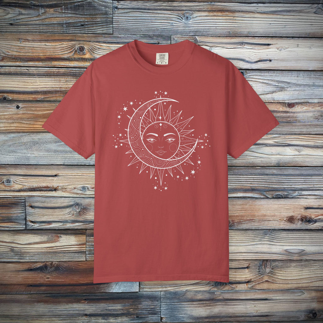 Celestial Boho Moon &amp; Sun Line T-Shirt | Mystical Spiritual Graphic Tee
