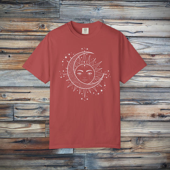 Celestial Boho Moon &amp; Sun Line T-Shirt | Mystical Spiritual Graphic Tee