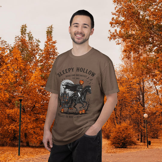 Sleepy Hollow Dead and Breakfast T-Shirt | Halloween Pumpkin Graphic Tee | Cute Autumn Thanksgiving Shirt